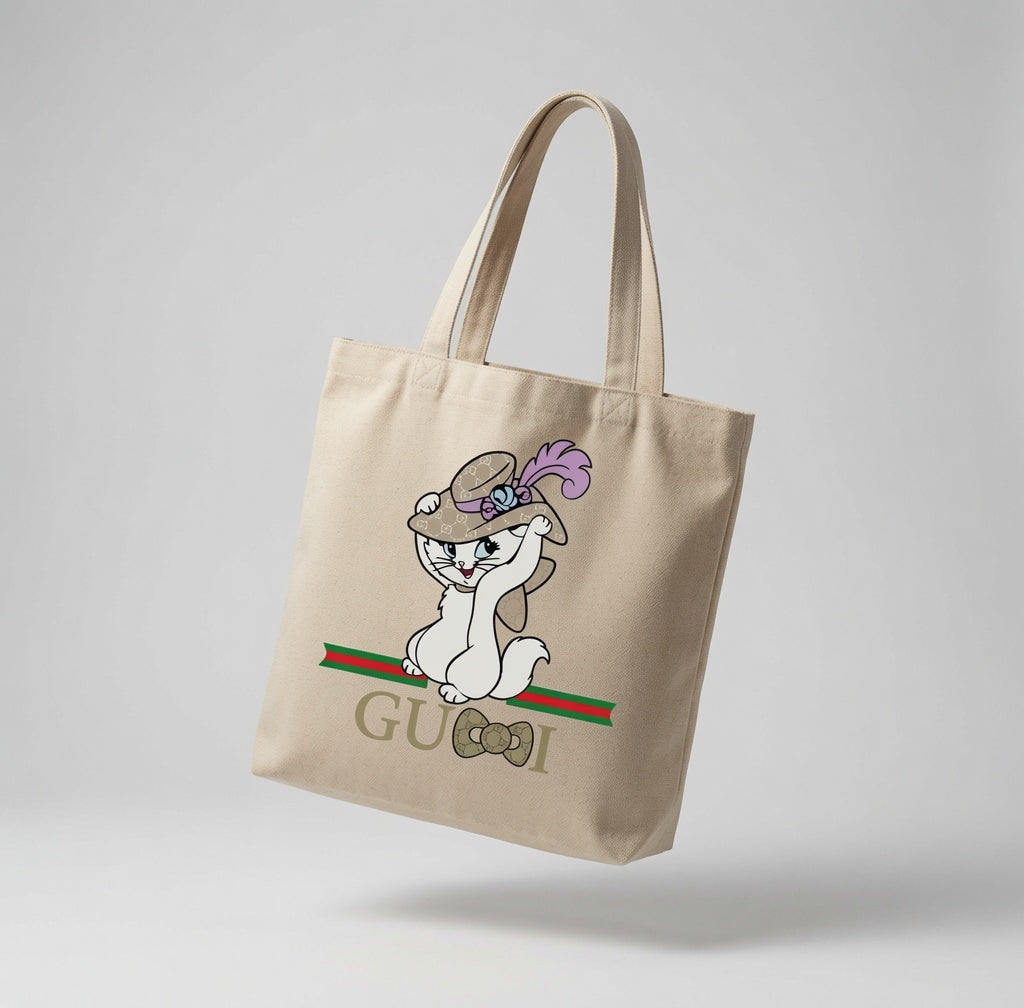 Elegant White Kitten Graphic Canvas Tote Bag - Umbrella & Stripe Design