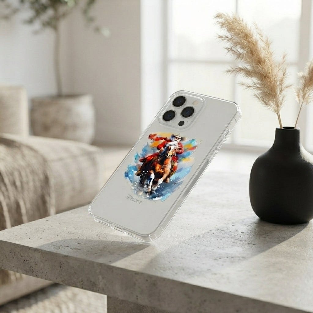 Watercolor Santa Riding Horse Graphic Clear Case Festive Holiday Painting Protective Phone Cover for iPhone
