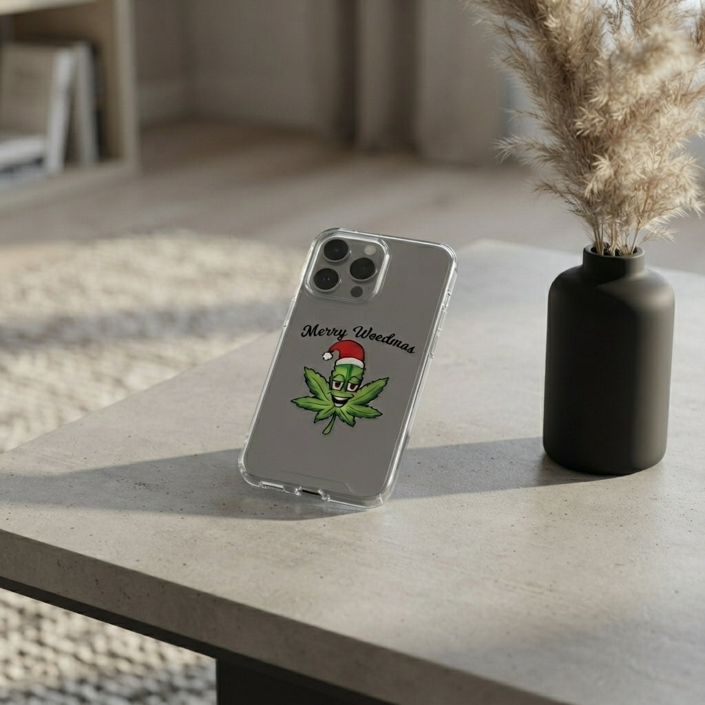 Merry Weedmas Santa Hat Leaf Graphic Clear Case Funny Christmas Holiday Protective Phone Cover for iPhone