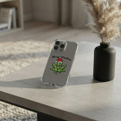 Merry Weedmas Santa Hat Leaf Graphic Clear Case Funny Christmas Holiday Protective Phone Cover for iPhone