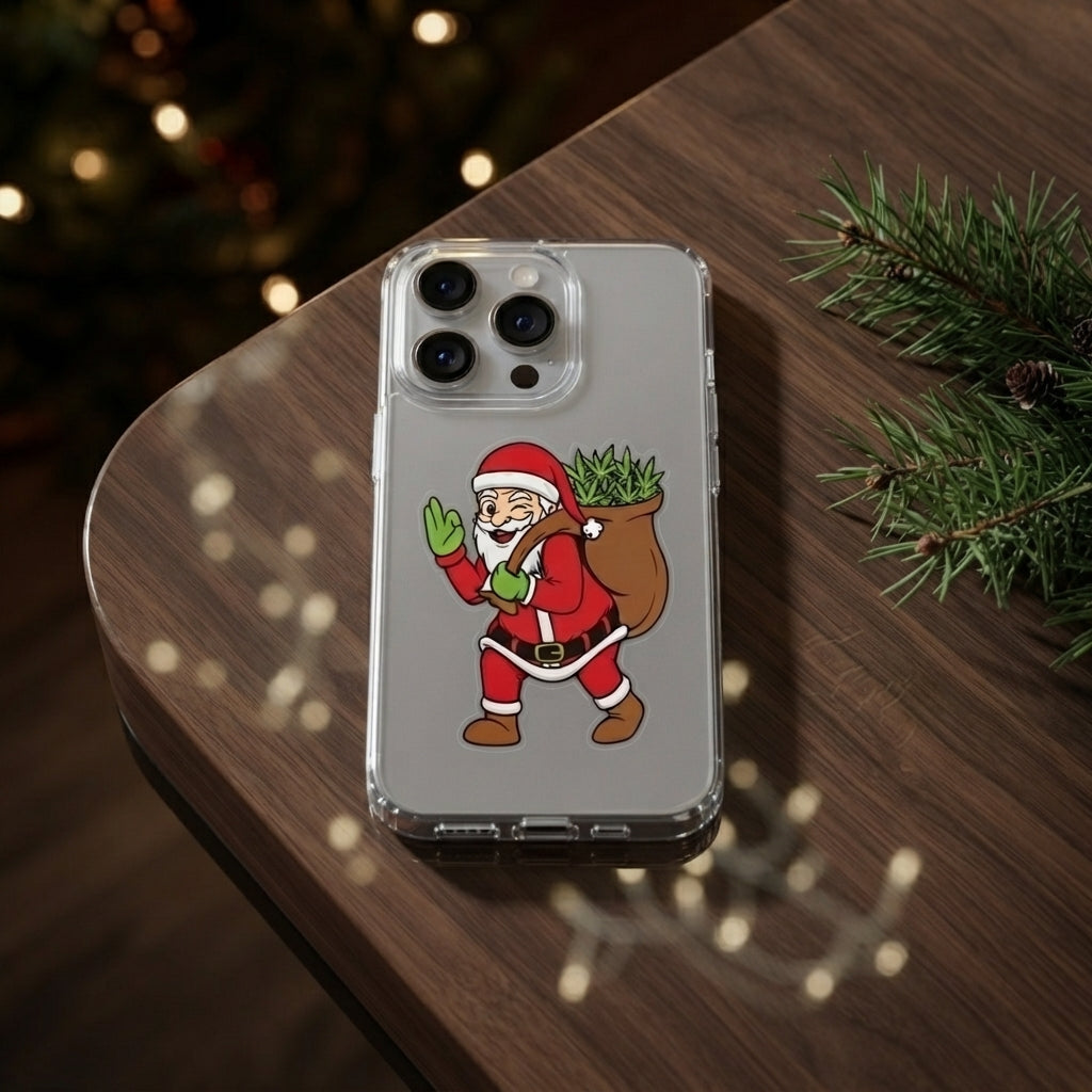 Winking Santa carrying Cannabis Sack Clear Case for iPhone | Funny Weed Holiday Phone Cover