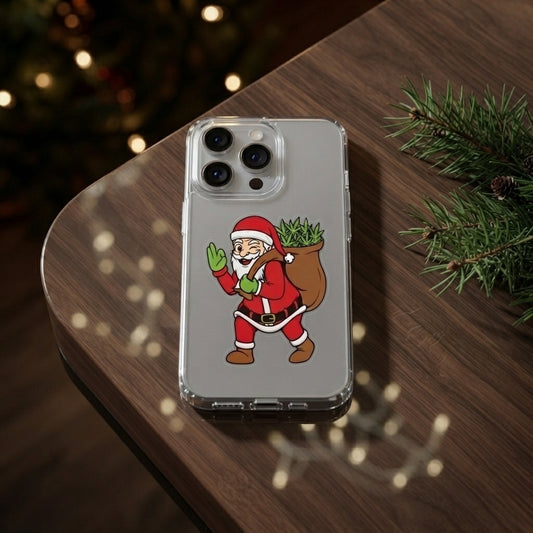 Winking Santa carrying Cannabis Sack Clear Case for iPhone | Funny Weed Holiday Phone Cover