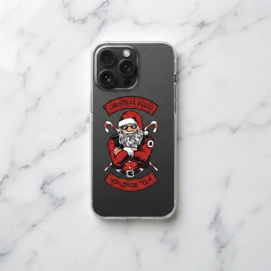 Christmas Squad Worldwide Tour Biker Santa Clear Case for iPhone | Cool Holiday Phone Cover