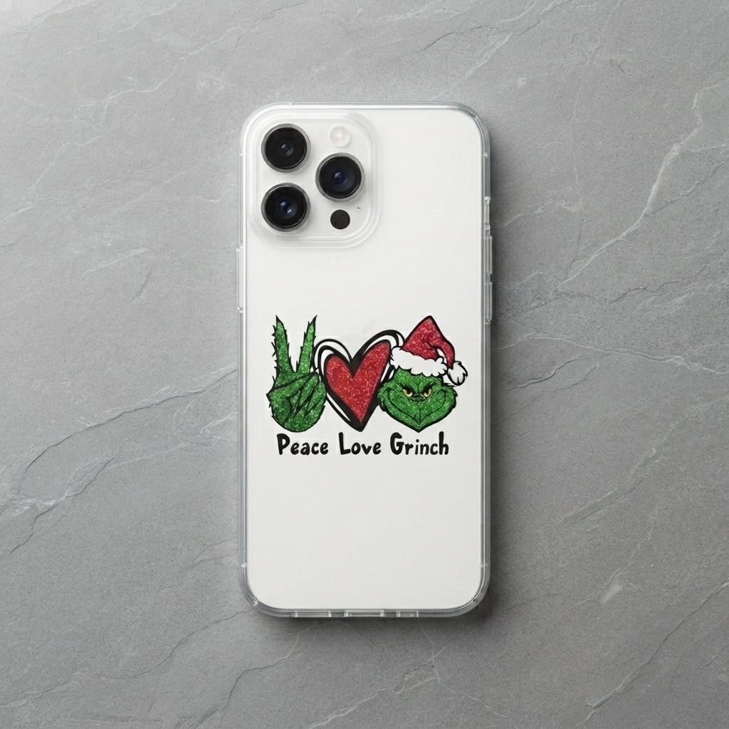 Peace Love Grinch Glitter Clear Case for iPhone | Funny Christmas Holiday Phone Cover