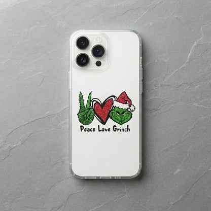 Peace Love Grinch Glitter Clear Case for iPhone | Funny Christmas Holiday Phone Cover