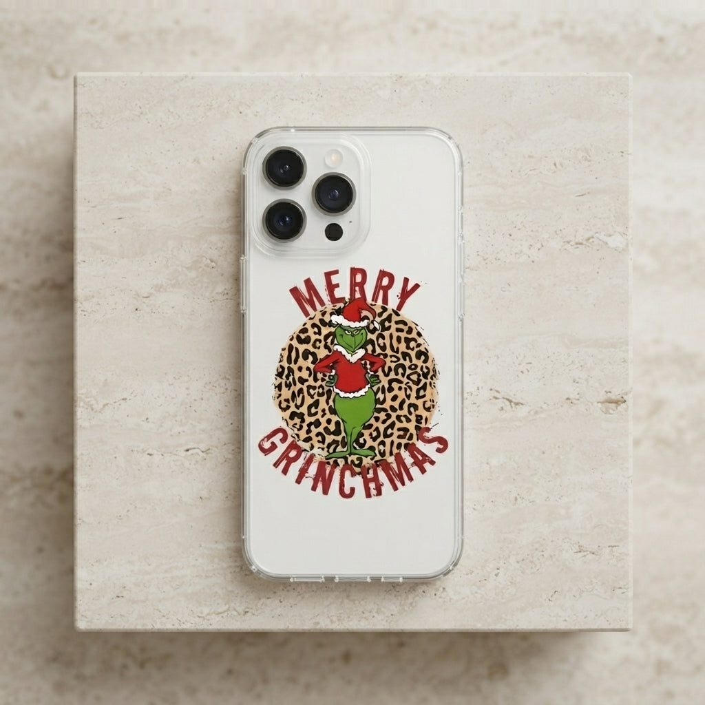 Merry Grinchmas Cheetah Print Clear Case for iPhone | Festive Holiday Phone Cover