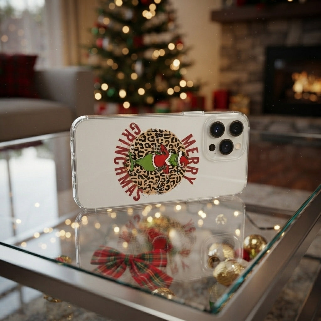 Merry Grinchmas Cheetah Print Clear Case for iPhone | Festive Holiday Phone Cover