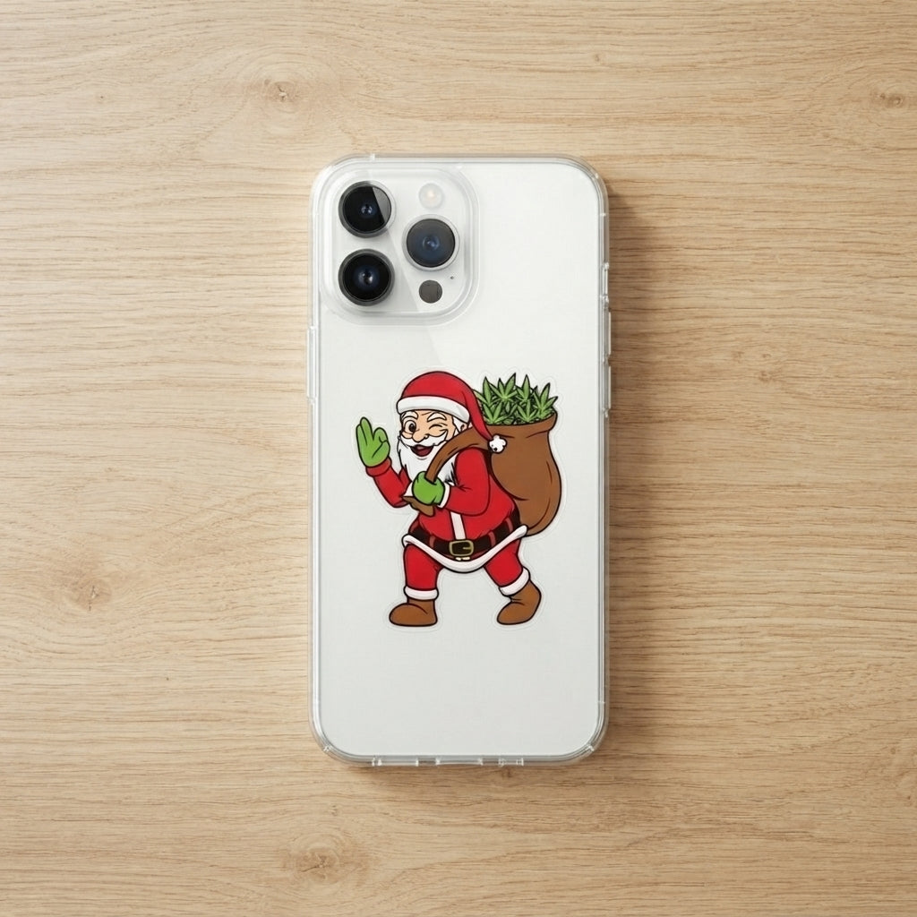 Winking Santa carrying Cannabis Sack Clear Case for iPhone | Funny Weed Holiday Phone Cover
