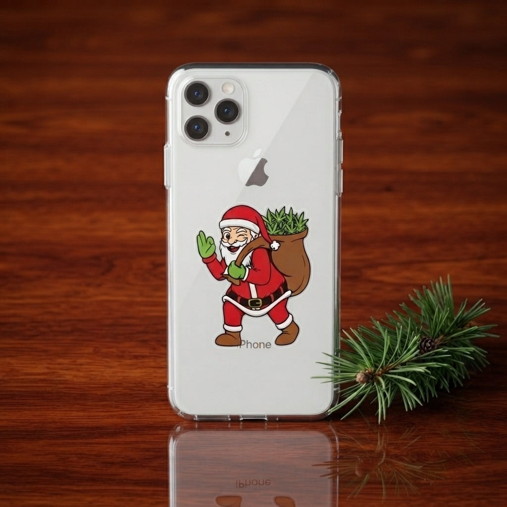 Winking Santa carrying Cannabis Sack Clear Case for iPhone | Funny Weed Holiday Phone Cover