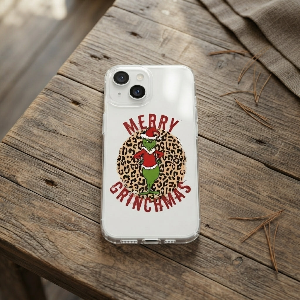 Merry Grinchmas Cheetah Print Clear Case for iPhone | Festive Holiday Phone Cover