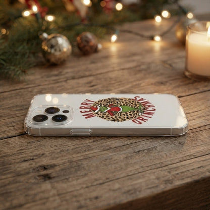 Merry Grinchmas Cheetah Print Clear Case for iPhone | Festive Holiday Phone Cover