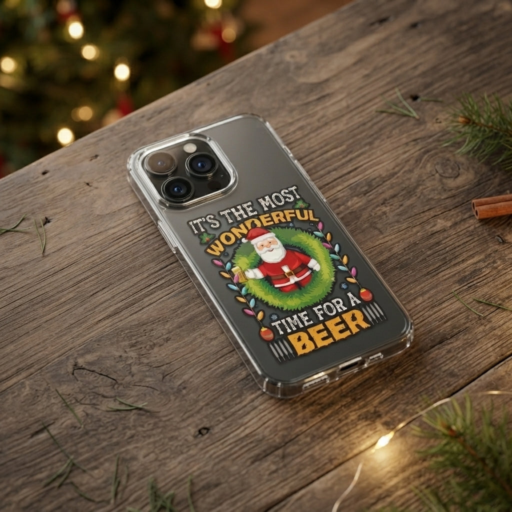Most Wonderful Time For A Beer Santa Clear Case for iPhone | Funny Christmas Drinking Phone Cover