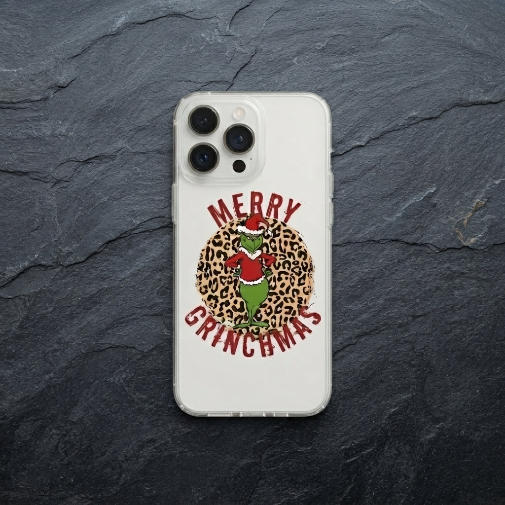 Merry Grinchmas Cheetah Print Clear Case for iPhone | Festive Holiday Phone Cover