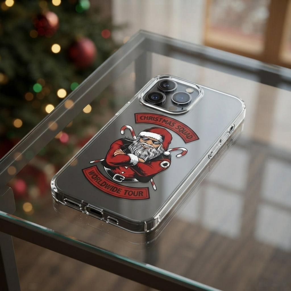 Christmas Squad Worldwide Tour Biker Santa Clear Case for iPhone | Cool Holiday Phone Cover