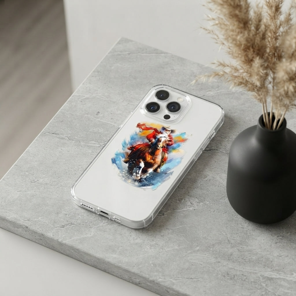 Watercolor Santa Riding Horse Graphic Clear Case Festive Holiday Painting Protective Phone Cover for iPhone