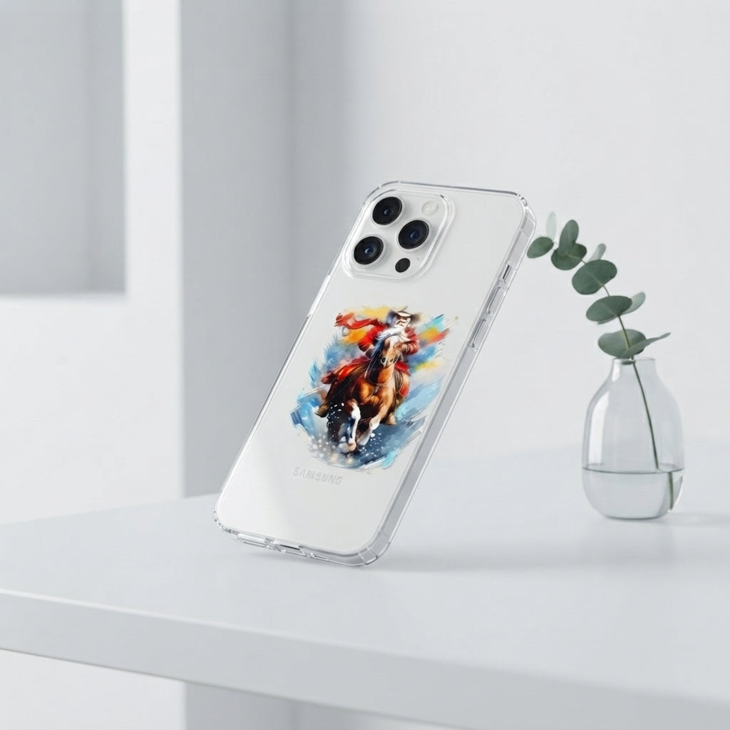 Watercolor Santa Riding Horse Graphic Clear Case Festive Holiday Painting Protective Phone Cover for iPhone