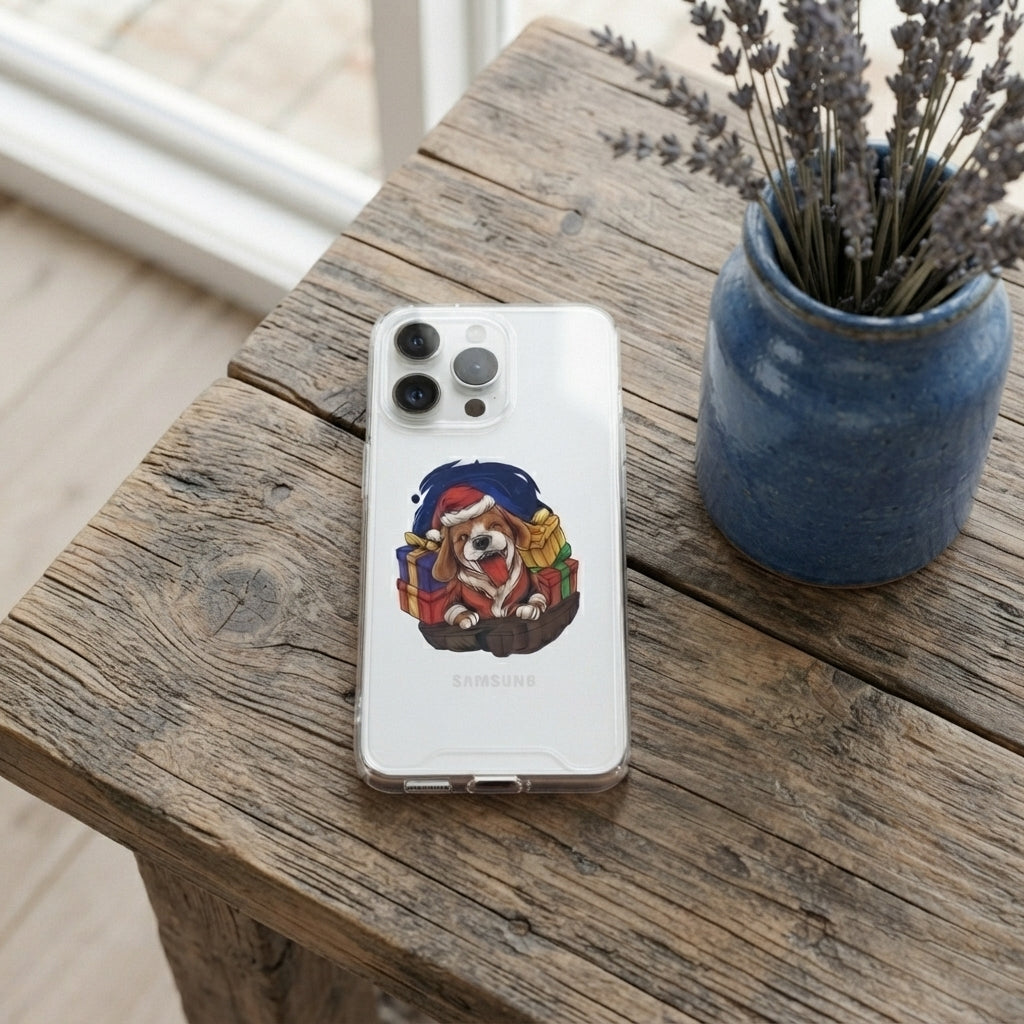 Cute Christmas Dog in Santa Hat Graphic Clear Case Festive Puppy Holiday Gift Protective Phone Cover for iPhone
