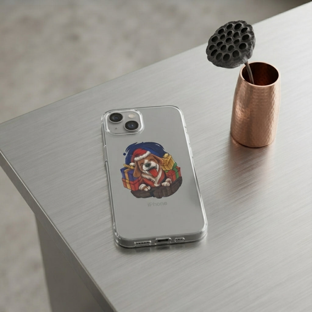 Cute Christmas Dog in Santa Hat Graphic Clear Case Festive Puppy Holiday Gift Protective Phone Cover for iPhone