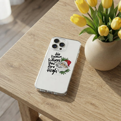 He Knows When You Are High Santa Graphic Clear Case Funny Christmas Holiday Protective Phone Cover for iPhone