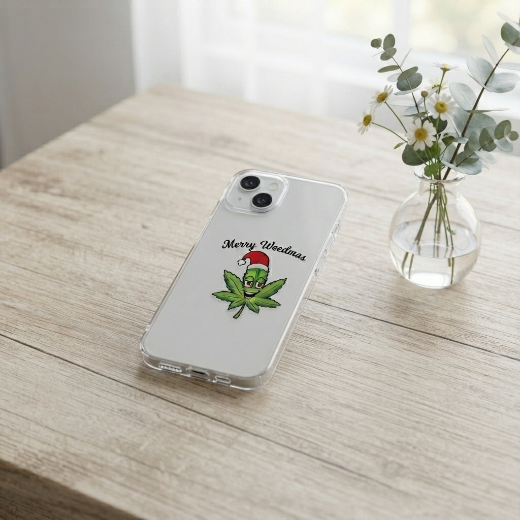 Merry Weedmas Santa Hat Leaf Graphic Clear Case Funny Christmas Holiday Protective Phone Cover for iPhone