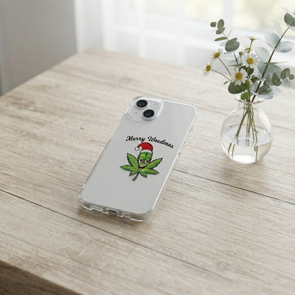 Merry Weedmas Santa Hat Leaf Graphic Clear Case Funny Christmas Holiday Protective Phone Cover for iPhone