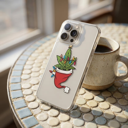 Festive Weed Christmas Tree Graphic Clear Case Funny Holiday Hat Leaf Protective Phone Cover for iPhone