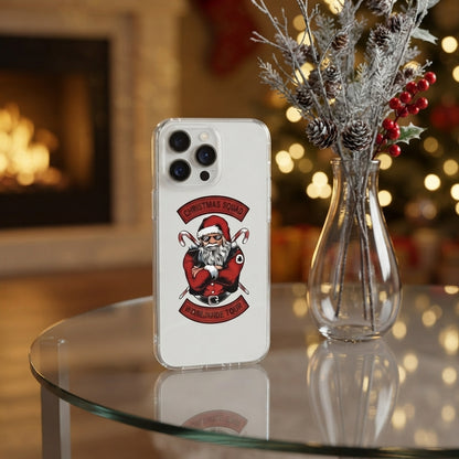 Christmas Squad Worldwide Tour Biker Santa Clear Case for iPhone | Cool Holiday Phone Cover