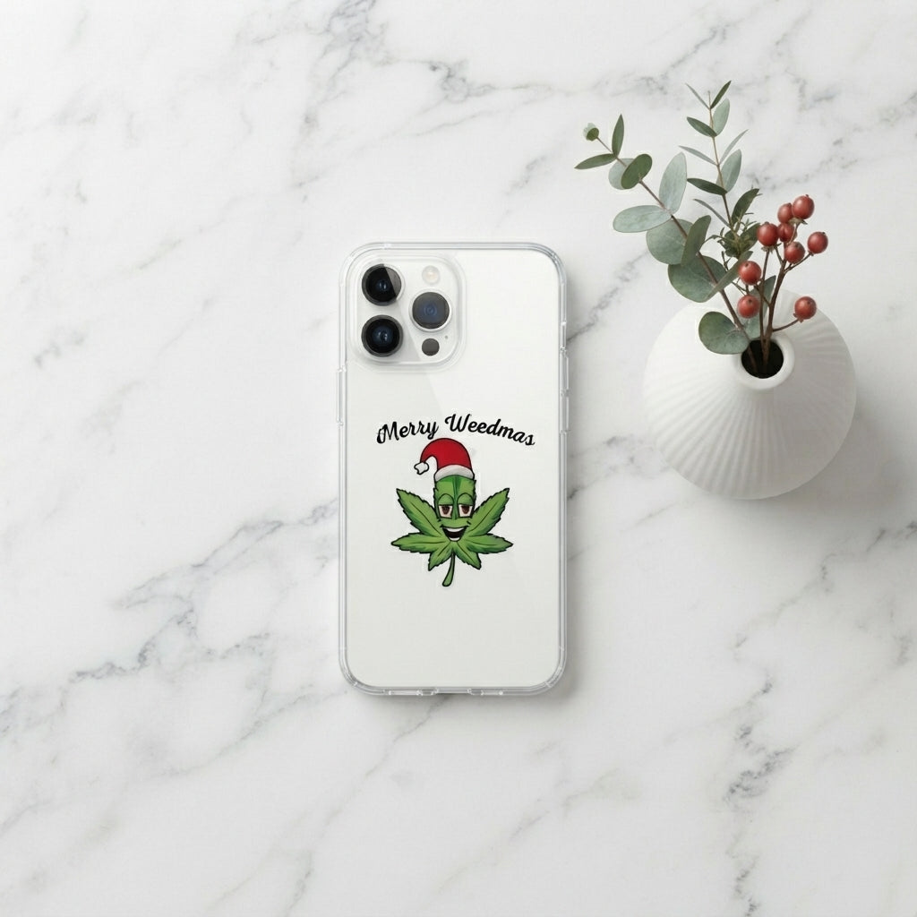 Merry Weedmas Santa Hat Leaf Graphic Clear Case Funny Christmas Holiday Protective Phone Cover for iPhone