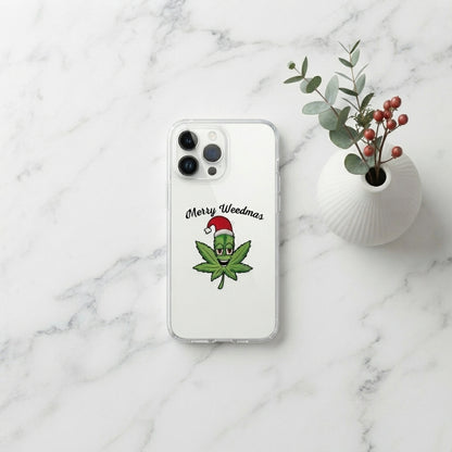Merry Weedmas Santa Hat Leaf Graphic Clear Case Funny Christmas Holiday Protective Phone Cover for iPhone