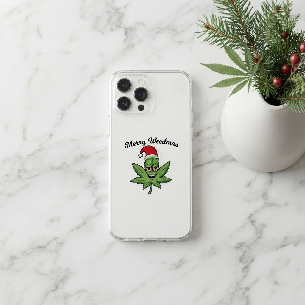 Merry Weedmas Santa Hat Leaf Graphic Clear Case Funny Christmas Holiday Protective Phone Cover for iPhone