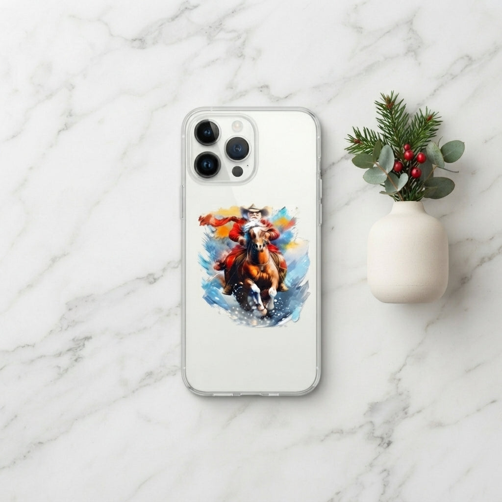 Watercolor Santa Riding Horse Graphic Clear Case Festive Holiday Painting Protective Phone Cover for iPhone