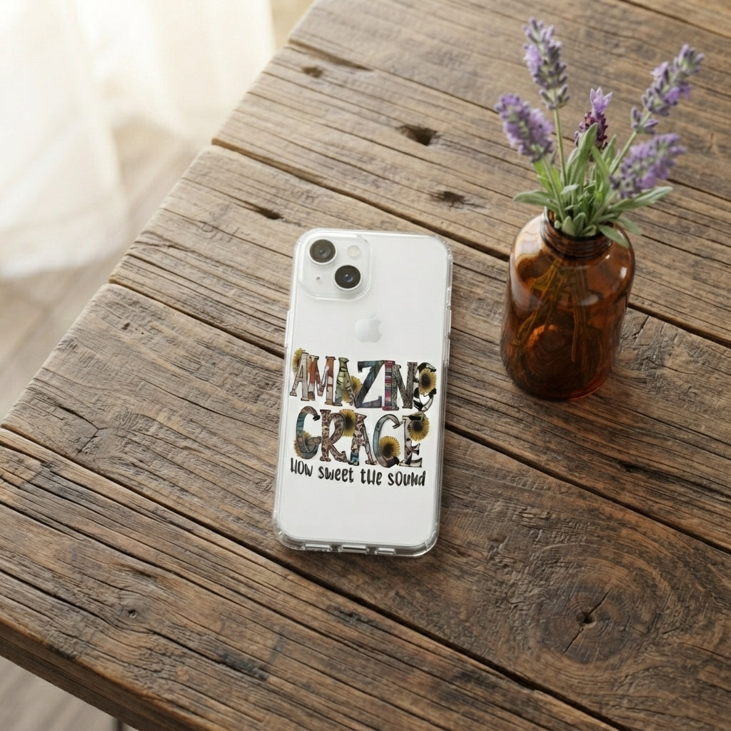 Amazing Grace How Sweet The Sound Sunflower Graphic Clear Case Christian Quote Protective Phone Cover for iPhone