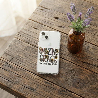 Amazing Grace How Sweet The Sound Sunflower Graphic Clear Case Christian Quote Protective Phone Cover for iPhone