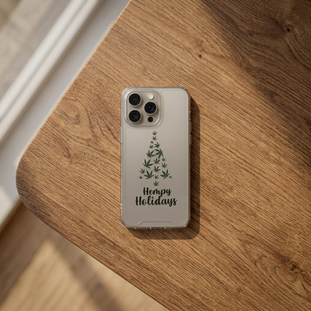 Hempy Holidays Christmas Tree Graphic Clear Case Funny Weed Leaf Protective Phone Cover for iPhone