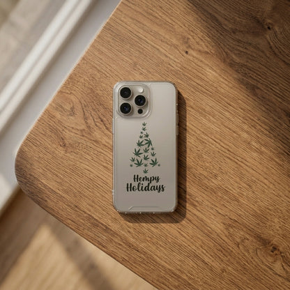 Hempy Holidays Christmas Tree Graphic Clear Case Funny Weed Leaf Protective Phone Cover for iPhone