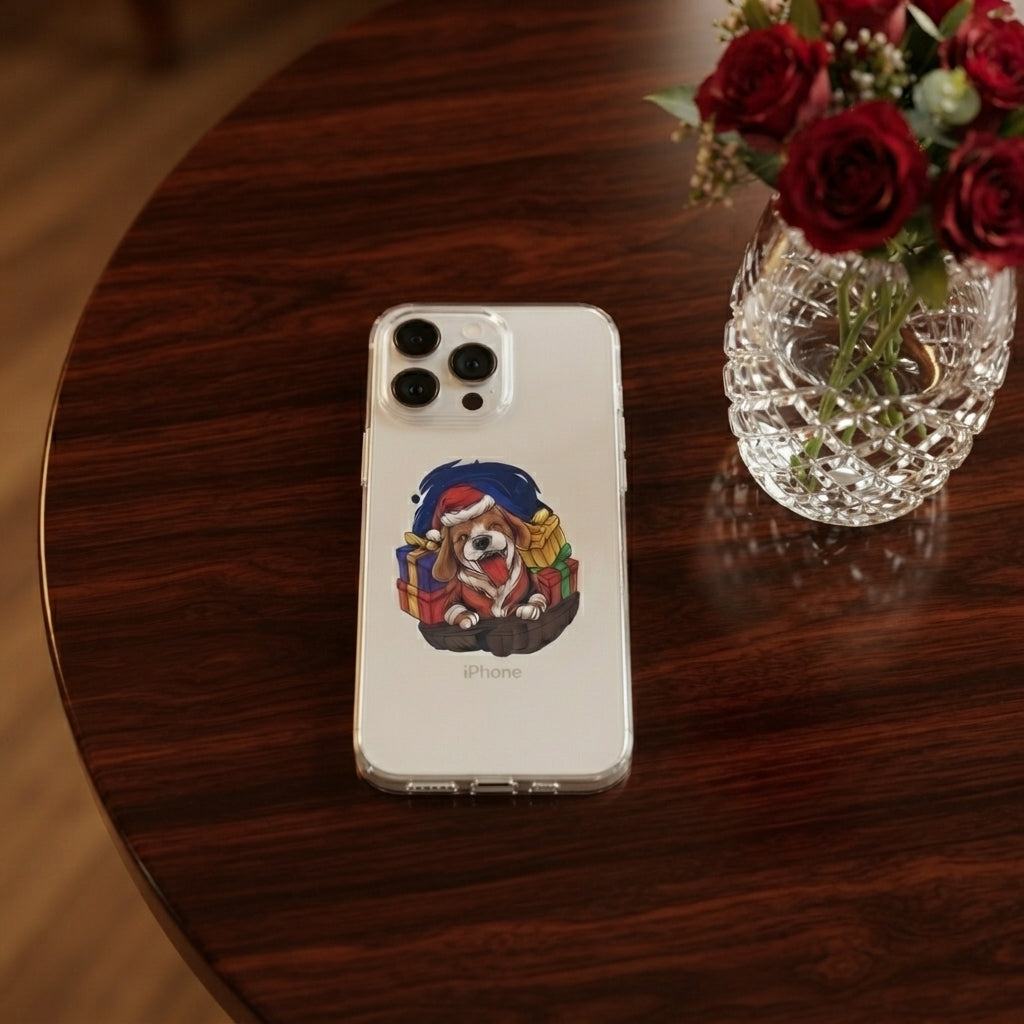 Cute Christmas Dog in Santa Hat Graphic Clear Case Festive Puppy Holiday Gift Protective Phone Cover for iPhone