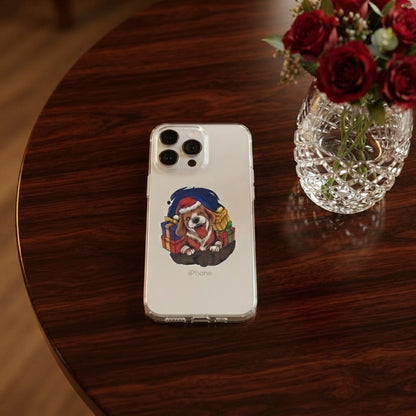 Cute Christmas Dog in Santa Hat Graphic Clear Case Festive Puppy Holiday Gift Protective Phone Cover for iPhone
