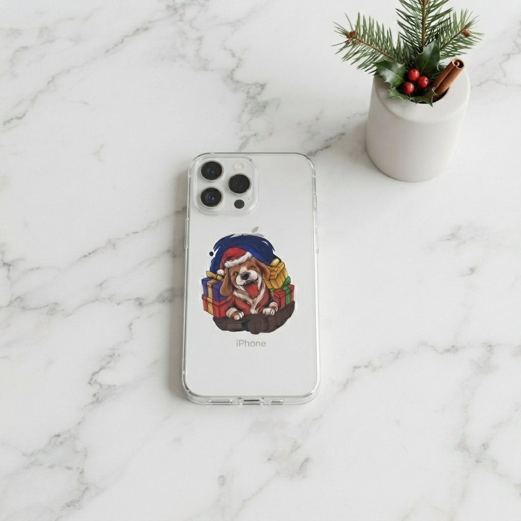 Cute Christmas Dog in Santa Hat Graphic Clear Case Festive Puppy Holiday Gift Protective Phone Cover for iPhone