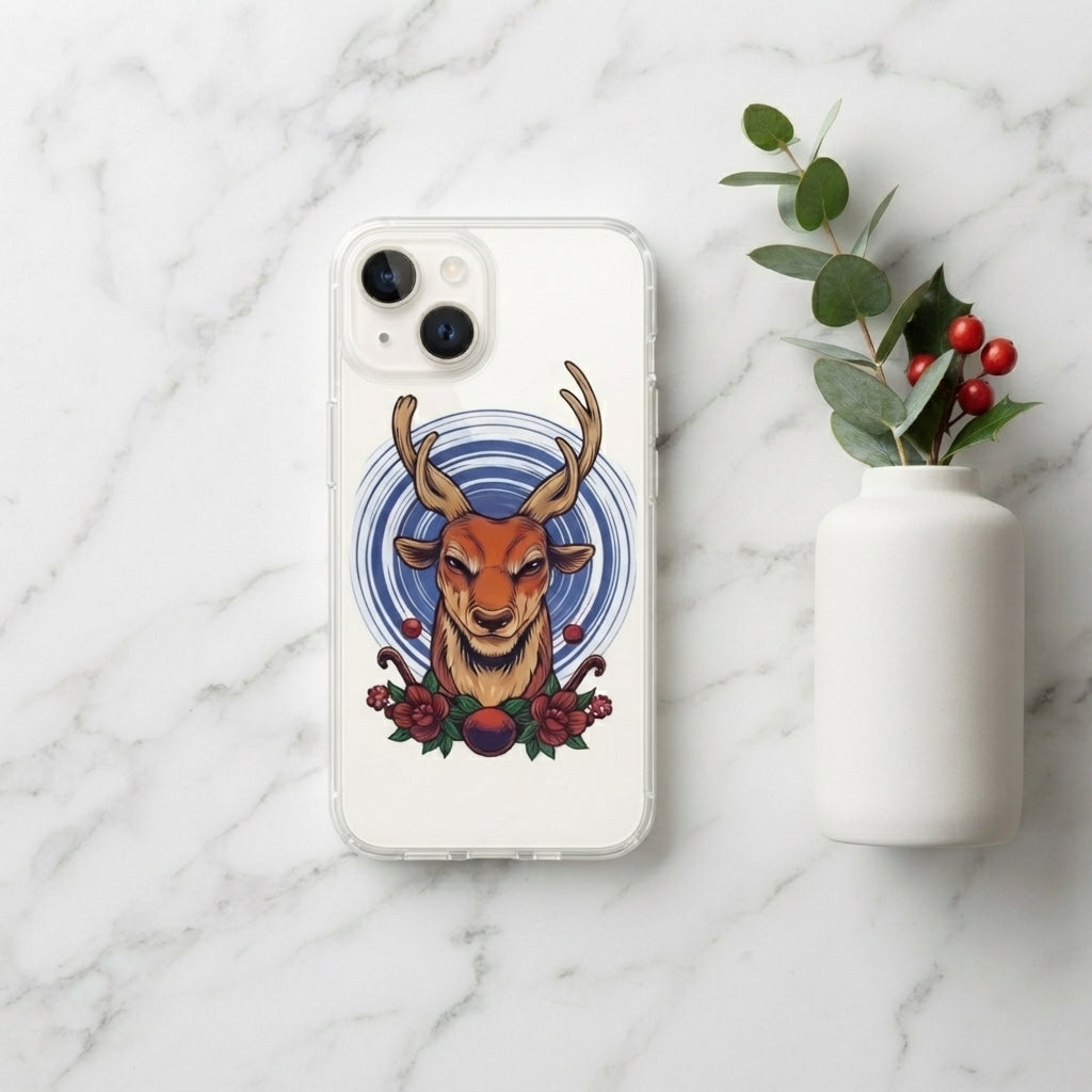 Majestic Deer Antlers Graphic Clear Case Floral Vintage Wildlife Protective Phone Cover for iPhone
