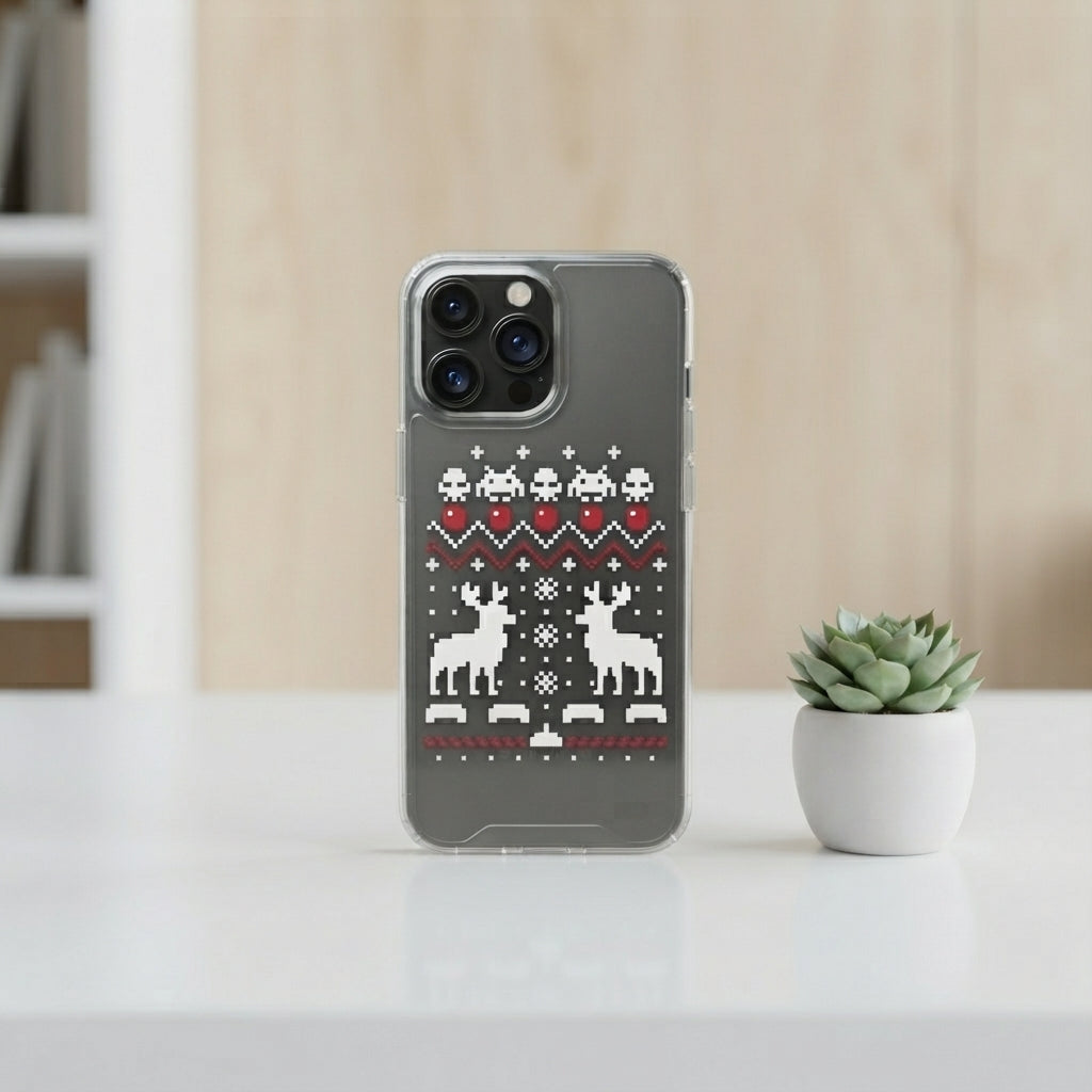 Ugly Christmas Sweater Pixel Art Reindeer Clear Case for iPhone | Retro Gamer Holiday Cover