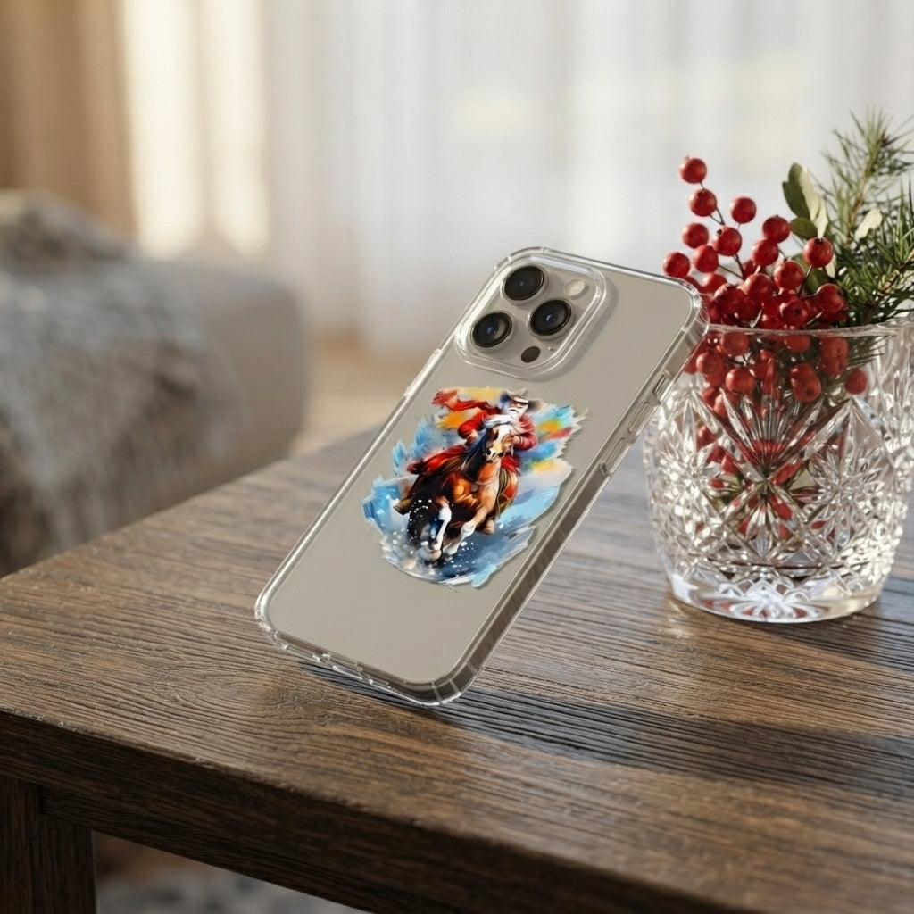 Watercolor Santa Riding Horse Graphic Clear Case Festive Holiday Painting Protective Phone Cover for iPhone