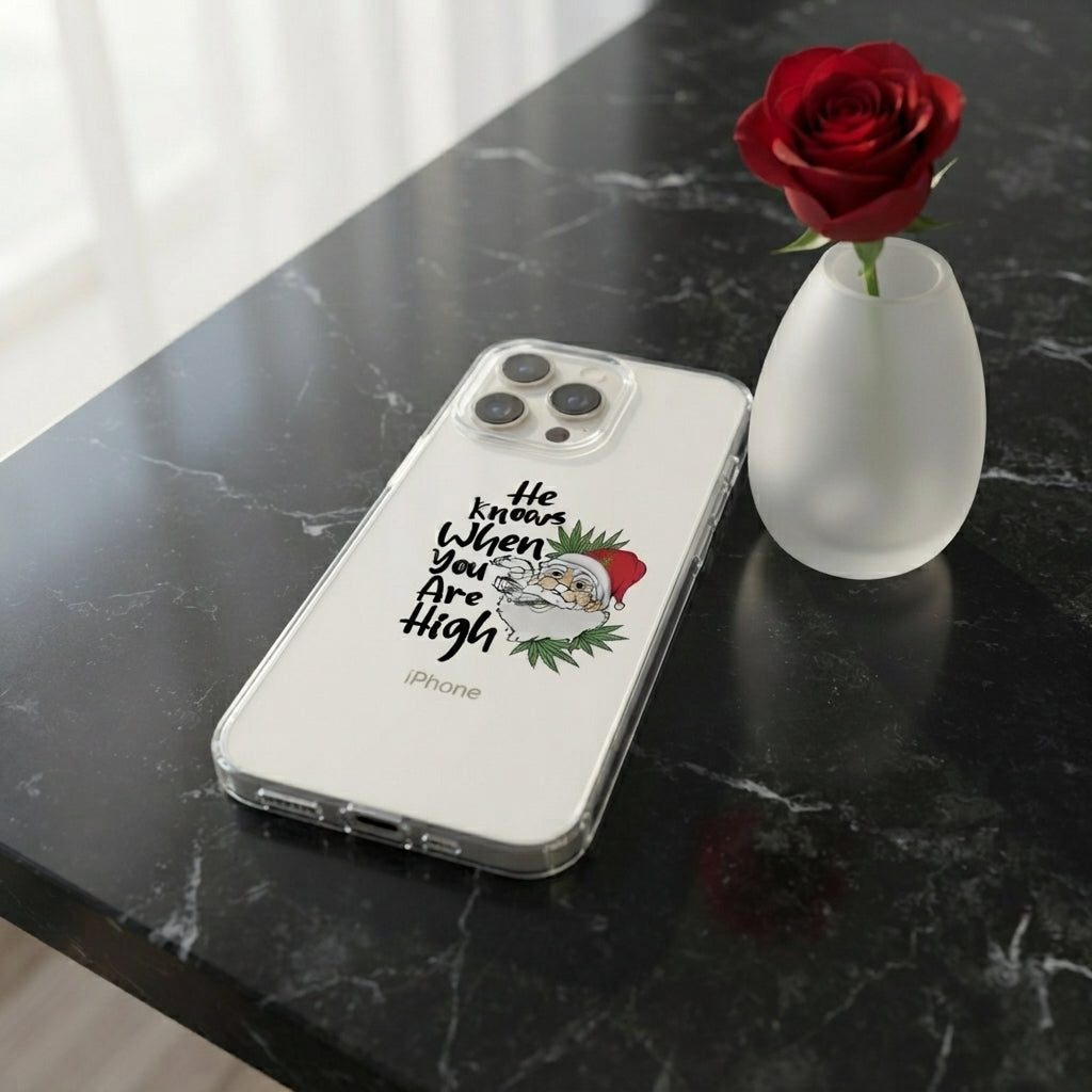 He Knows When You Are High Santa Graphic Clear Case Funny Christmas Holiday Protective Phone Cover for iPhone