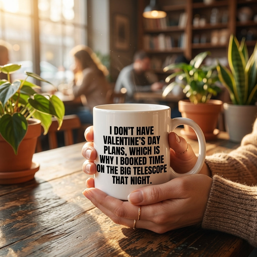 I Don't Have Valentine's Day Plans Big Telescope Funny Ceramic Coffee Mug - Hilarious Sarcastic Geek Humor Drinkware Cup (11oz)