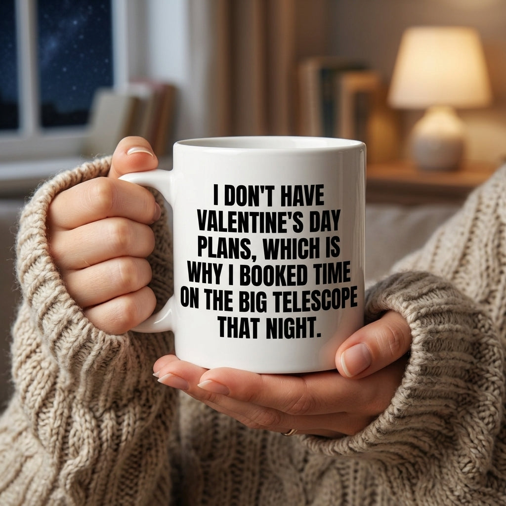 I Don't Have Valentine's Day Plans Big Telescope Funny Ceramic Coffee Mug - Hilarious Sarcastic Geek Humor Drinkware Cup (11oz)