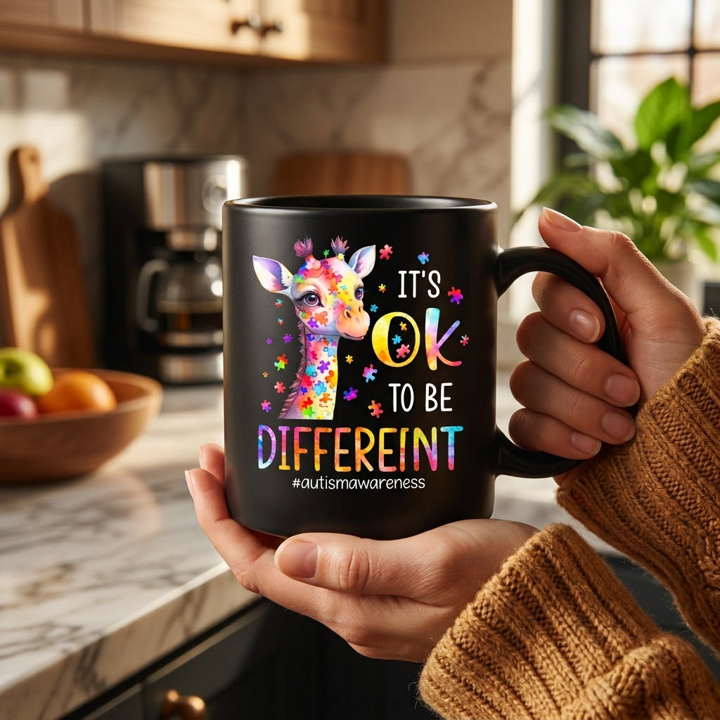 It's OK To Be Different Autism Awareness Ceramic Mug - Cute Colorful Puzzle Giraffe Graphic Coffee Cup (11oz)