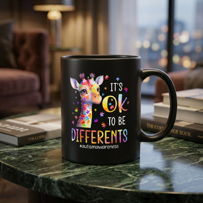It's OK To Be Different Autism Awareness Ceramic Mug - Cute Colorful Puzzle Giraffe Graphic Coffee Cup (11oz)