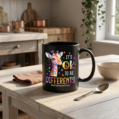 It's OK To Be Different Autism Awareness Ceramic Mug - Cute Colorful Puzzle Giraffe Graphic Coffee Cup (11oz)