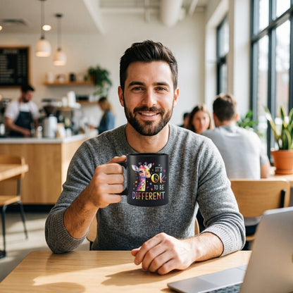 It's OK To Be Different Autism Awareness Ceramic Mug - Cute Colorful Puzzle Giraffe Graphic Coffee Cup (11oz)