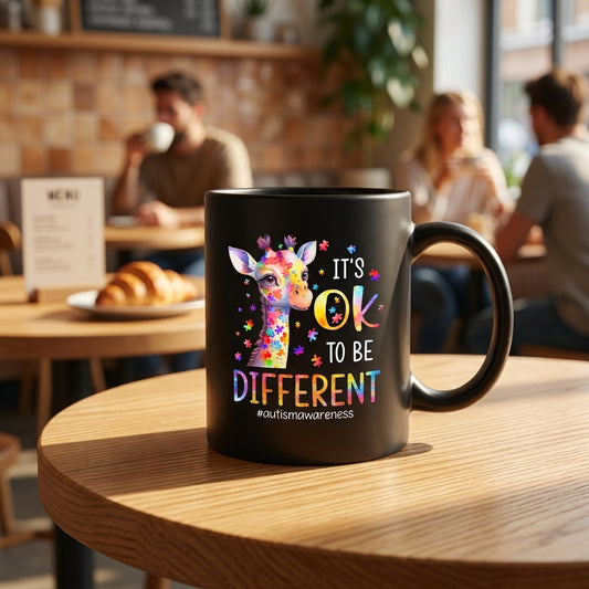It's OK To Be Different Autism Awareness Ceramic Mug - Cute Colorful Puzzle Giraffe Graphic Coffee Cup (11oz)