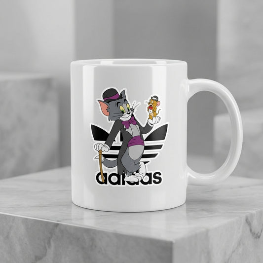 Adidas Inspired Tom and Jerry Gentleman Parody White Ceramic Cup - Cute Cartoon Graphic Coffee Cup (11oz)